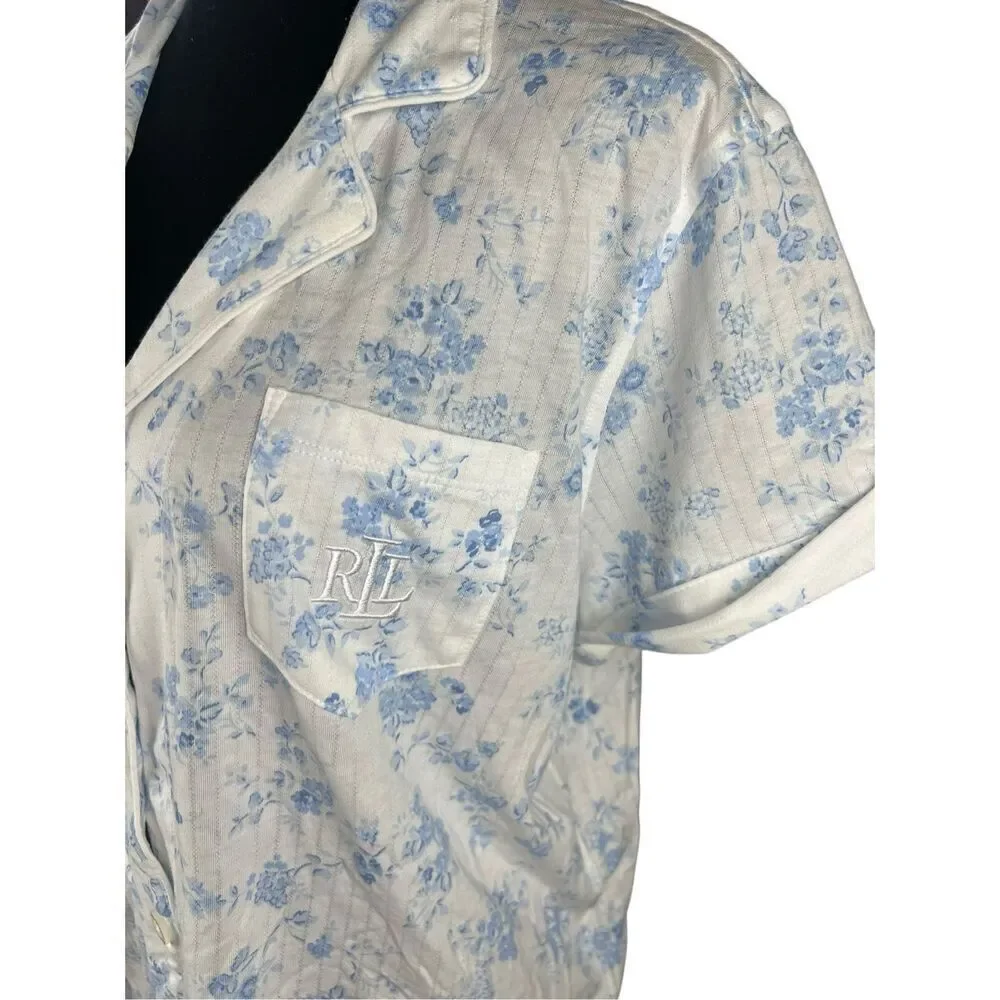 Ralph Lauren Women's Large floral Night Sleep Shirt Button Up Embroider Pocket